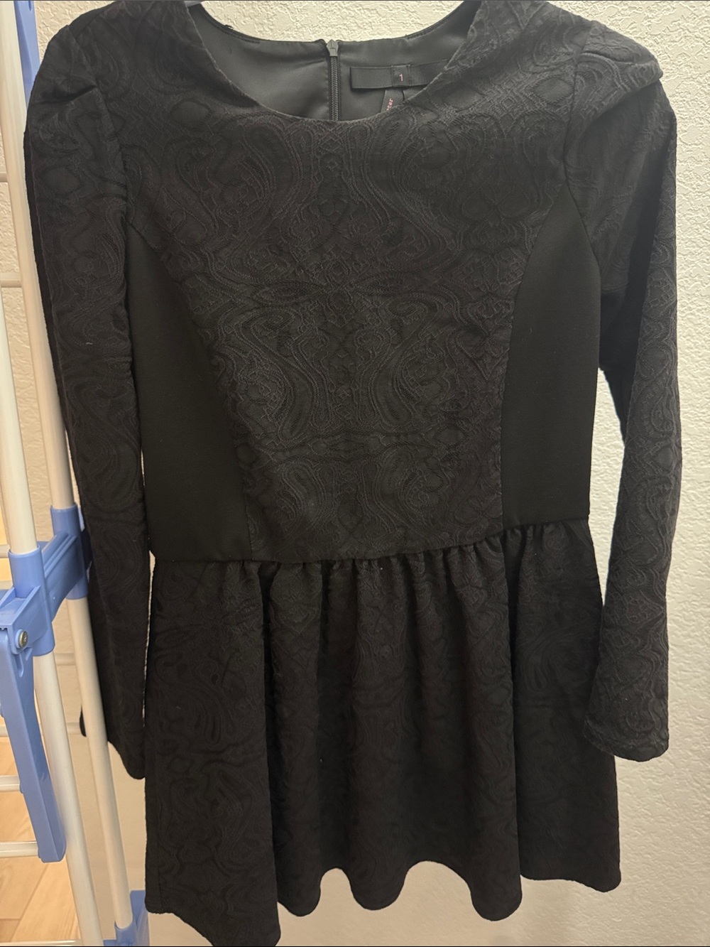 Girls' Black Long-Sleeve Textured Fit & Flare Dress